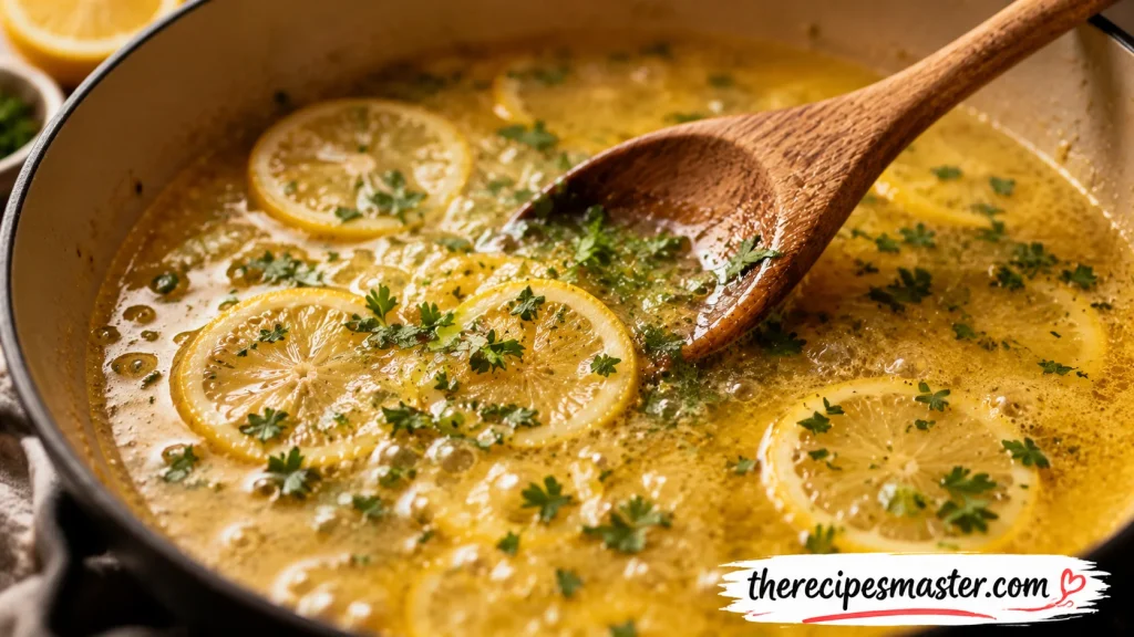 Close-up of a pan with golden lemon butter sauce