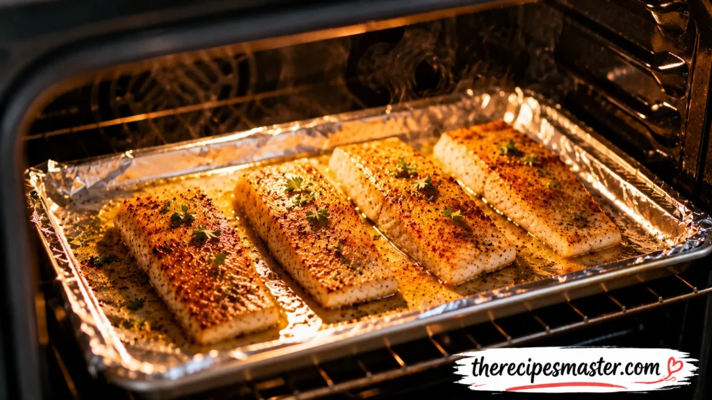 Mahi mahi fillets on a foil-lined baking sheet