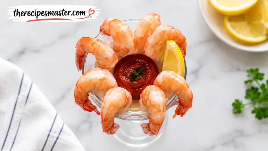 Overhead shot of a classic shrimp cocktail served