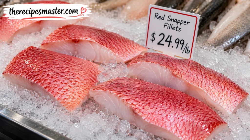  raw red snapper fillets on ice