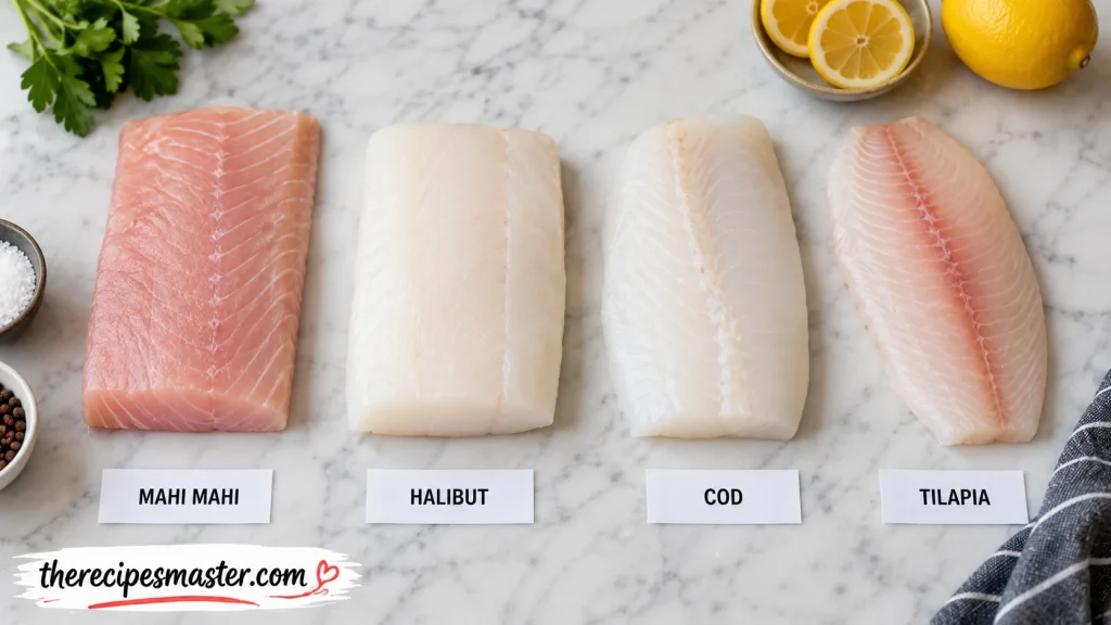 Side-by-side view of four white fish fillets