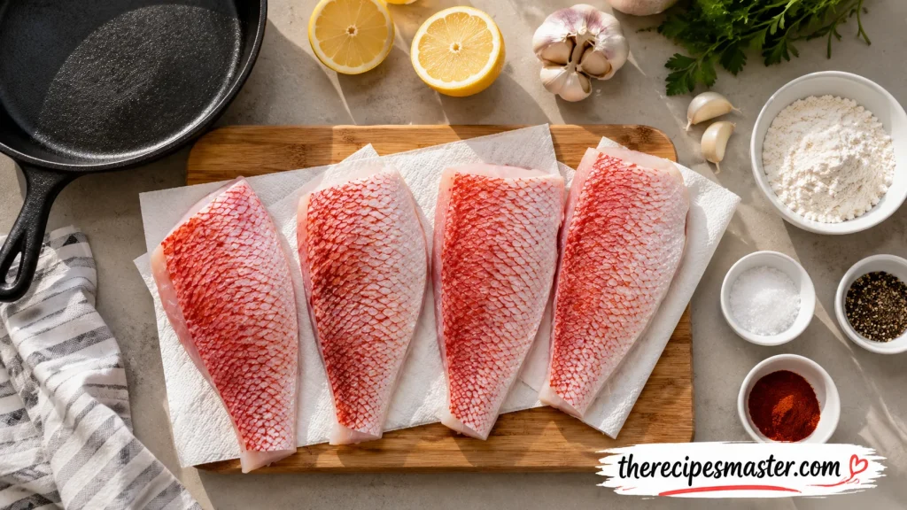 Step by Step Flat Lay Four Red Snapper Fillets Patted