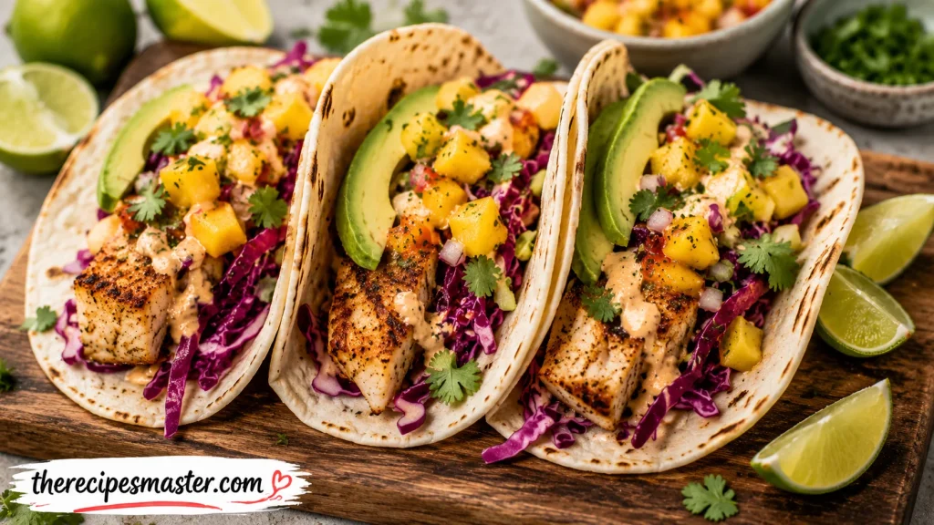 Three mahi mahi fish tacos on a wooden board