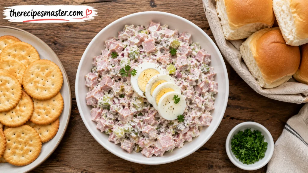 Ham salad with rolls and crackers